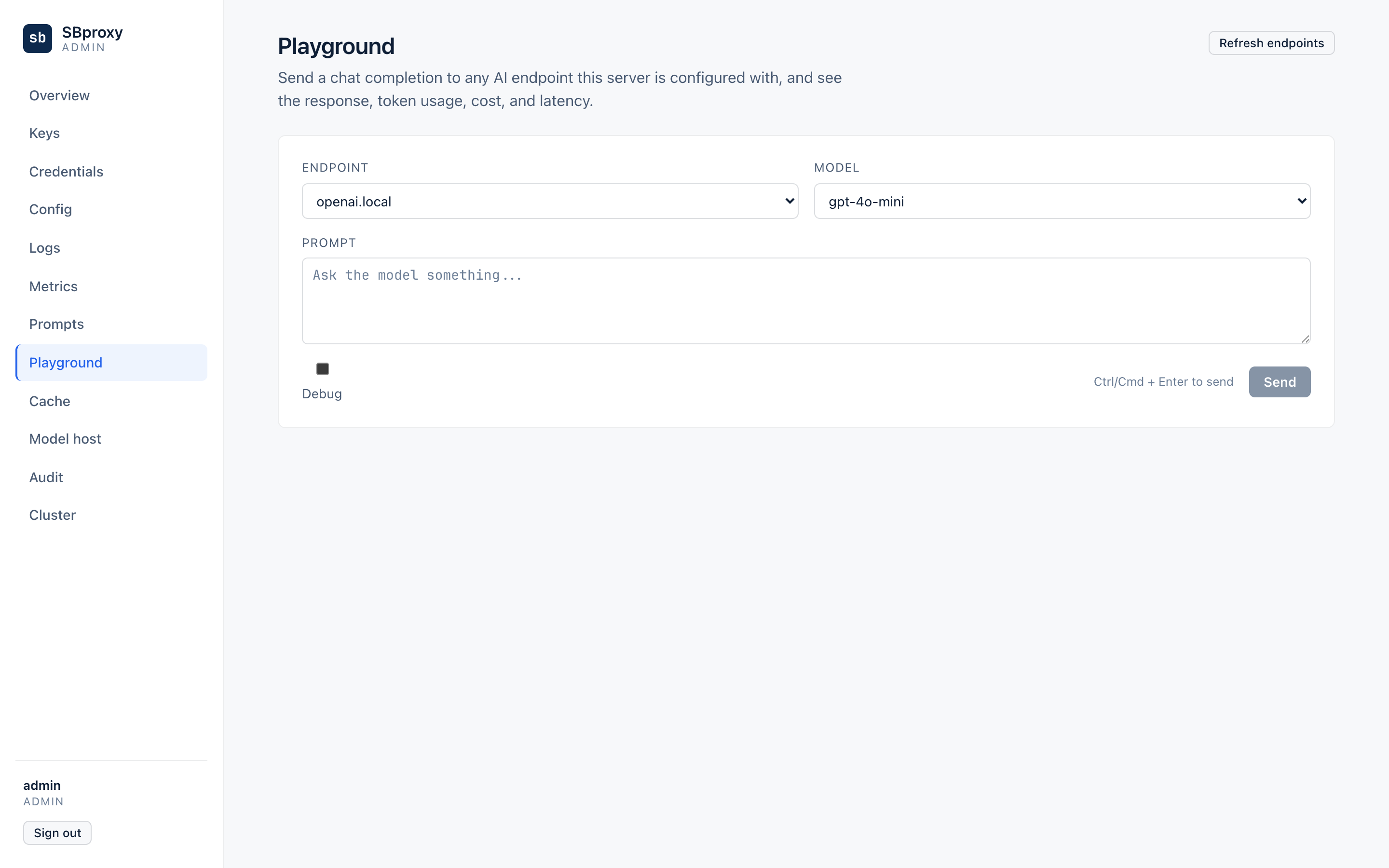 The admin UI playground sending a test chat completion and showing the model's response